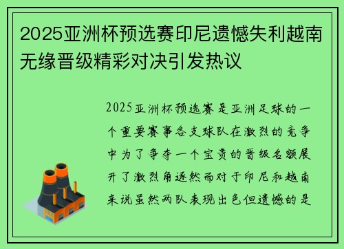 2025亚洲杯预选赛印尼遗憾失利越南无缘晋级精彩对决引发热议